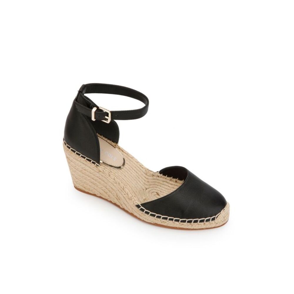 KENNETH COLE Womens Black Padded Olivia Round Toe Wedge Leather Sandals 7 M - Picture 1 of 4